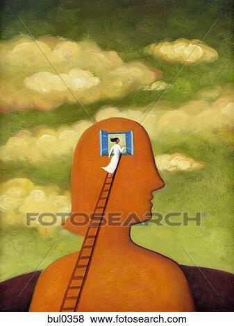 A woman on a ladder looking through a window into her head View Large Illustration Stock Illustration - A woman on a ladder looking through a window into her head. Fotosearch