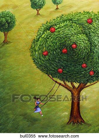 Stock Illustration - A woman on a tree swing and an apple tree. Fotosearch