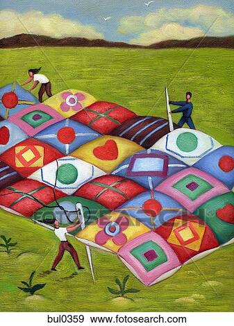 Stock Illustration - People sewing a large quilt together. Fotosearch