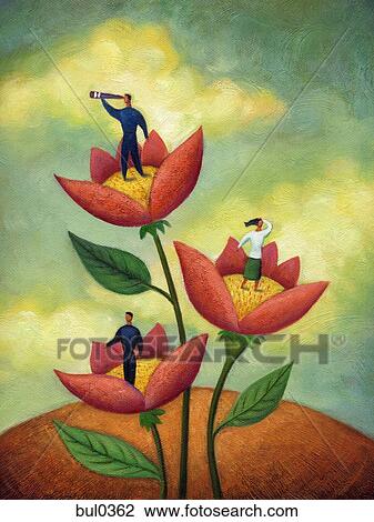 Drawing - People standing on flowers looking outwards. Fotosearch