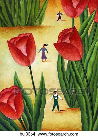 People walking amongst large tulips View Large Illustration Stock Illustration - People walking amongst large tulips. Fotosearch