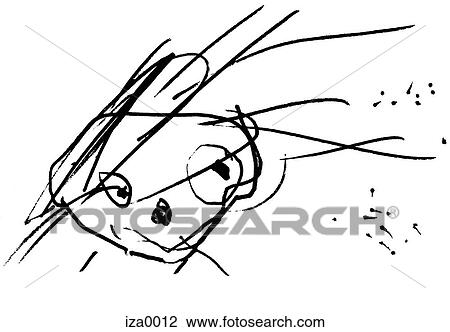 Drawing - A black and white childlike drawing of a human face with blowing hair. Fotosearch