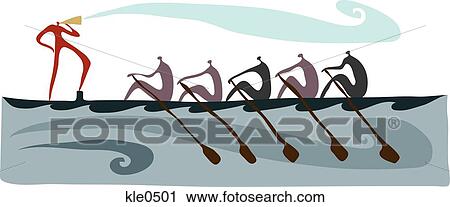 Clip Art - A person calling while others row a long boat. Fotosearch