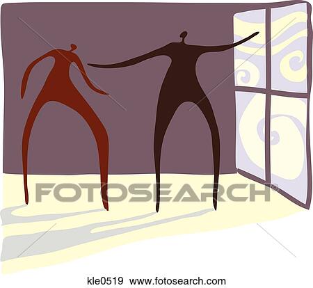 Stock Illustration - One person showing another person new possibilities outside a window. Fotosearch