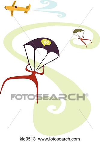 People taking the plunge and parachuting out of a plane View Large Illustration Drawing - People taking the plunge and parachuting out of a plane. Fotosearch