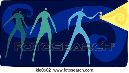 People walking through the dark with a lantern View Large Illustration Drawing - People walking through the dark with a lantern. Fotosearch