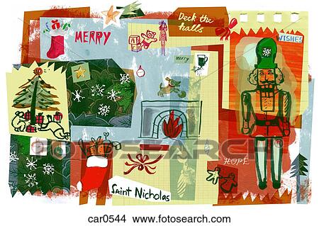 A Christmas collage of a nutcracker, Christmas gifts, stockings and trees View Large Illustration Stock Illustration - A Christmas collage of a nutcracker, Christmas gifts, stockings and trees. Fotosearch