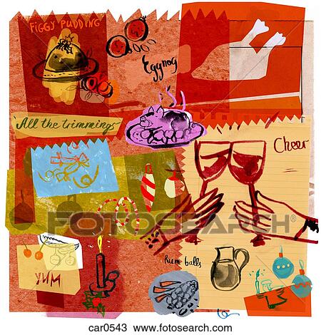 Drawing - A collage illustration of a Christmas feast. Fotosearch