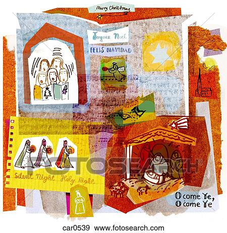 A collage illustration of Christmas carols, angels, singers, and the Nativity View Large Illustration Stock Illustration - A collage illustration of Christmas carols, angels, singers, and the Nativity. Fotosearch