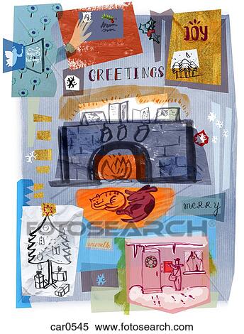 A collage illustration of Christmas cards and gifts and pets by a warm winter fire View Large Illustration Stock Illustration - A collage illustration of Christmas cards and gifts and pets by a warm winter fire. Fotosearch