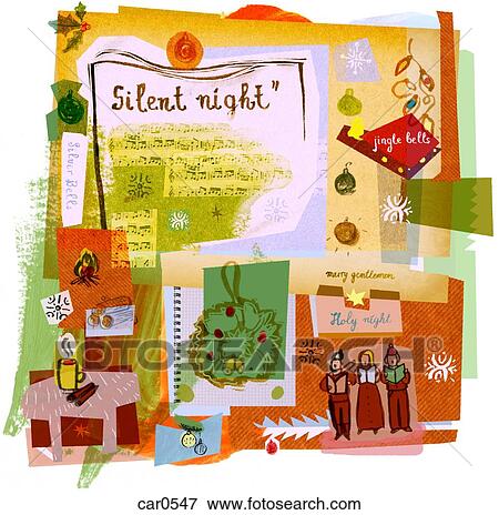 A collage of Christmas carols, sheet music, carolers, and ornaments View Large Illustration Stock Illustration - A collage of Christmas carols, sheet music, carolers, and ornaments. Fotosearch