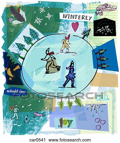 A collage of ice skaters on a rink and winter scenes View Large Illustration Clip Art - A collage of ice skaters on a rink and winter scenes. Fotosearch