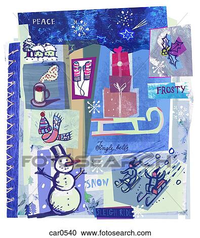 A montage illustration of snow, sleigh rides, snowmen and winter View Large Illustration Clipart - A montage illustration of snow, sleigh rides, snowmen and winter. Fotosearch