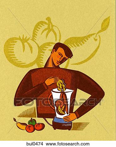 Stock Illustration - A man putting fresh fruit and vegetables into a blender. Fotosearch