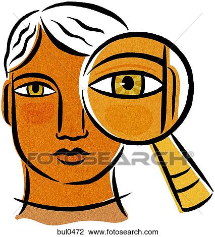 A person with a magnifying glass in front of one eye View Large Illustration Drawing - A person with a magnifying glass in front of one eye. Fotosearch