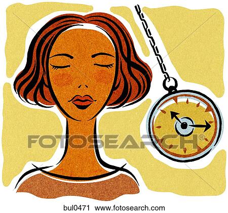 Clip Art - A woman being hypnotized with a pocket watch. Fotosearch