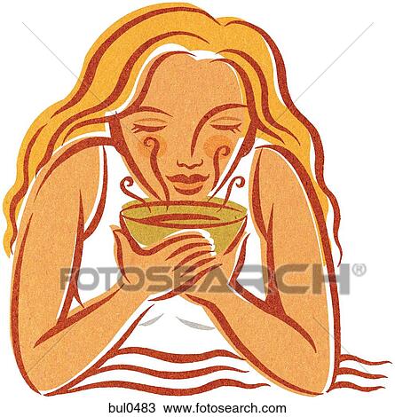A woman breathing in aromatherapy vapors View Large Illustration Drawing - A woman breathing in aromatherapy vapors. Fotosearch
