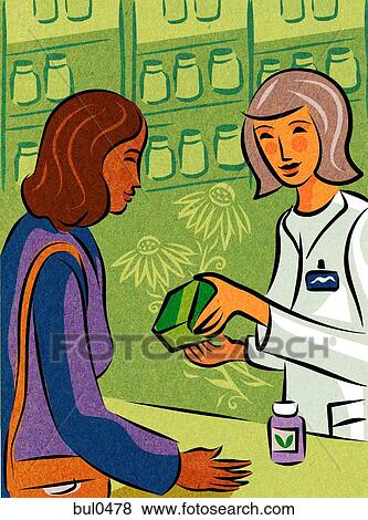 A woman buying herbal supplements from a pharmacy View Large Illustration Stock Illustration - A woman buying herbal supplements from a pharmacy. Fotosearch