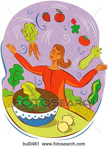 A woman juggling fresh vegetables over a salad bowl View Large Illustration Clip Art - A woman juggling fresh vegetables over a salad bowl. Fotosearch