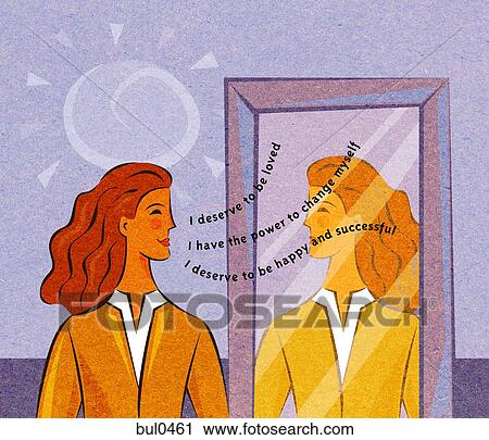 Clip Art - A woman looking at herself in the mirror and saying positive affirmations. Fotosearch