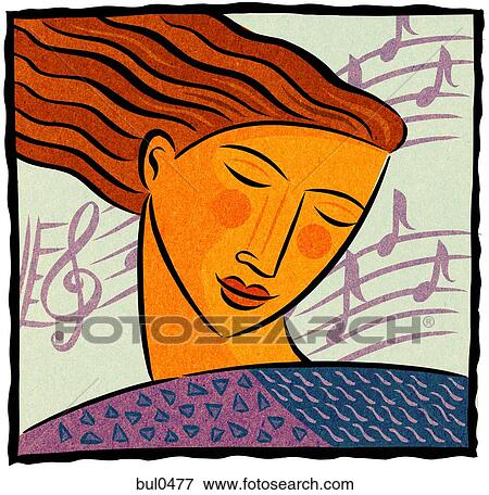 A woman with her eyes closed and smiling and music behind her head View Large Illustration Stock Illustration - A woman with her eyes closed and smiling and music behind her head. Fotosearch