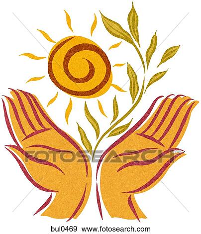 Stock Illustration - Open hands with a sun and growing plant. Fotosearch