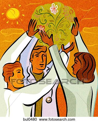 Clipart - Three doctors holding up a ball of flowers and herbs. Fotosearch