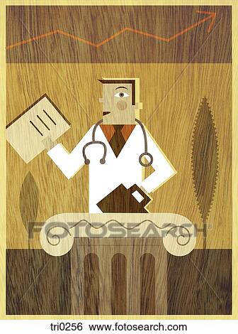 A doctor giving a speech from behind a column and a line graph above his head View Large Illustration Stock Illustration - A doctor giving a speech from behind a column and a line graph above his head. Fotosearch