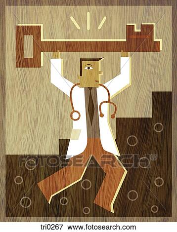 Stock Illustration - A doctor holding a big key above his head. Fotosearch