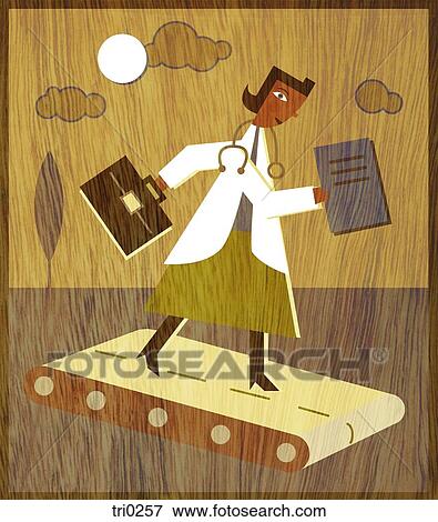 A doctor with a briefcase and files walking on a treadmill View Large Illustration Stock Illustration - A doctor with a briefcase and files walking on a treadmill. Fotosearch