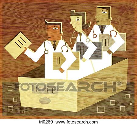 Stock Illustration - Three doctors holding files standing in a filing box. Fotosearch