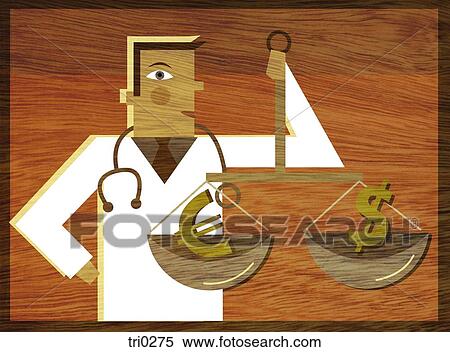 A physician holding a scale with a Dollar sign and a Euro symbol in it View Large Illustration Stock Illustration - A physician holding a scale with a Dollar sign and a Euro symbol in it. Fotosearch