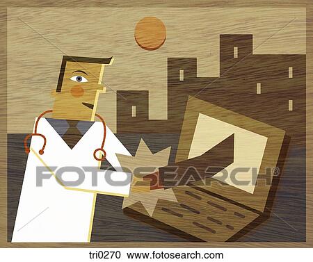 A physician shaking hands with an arm coming out of a laptop screen View Large Illustration Clipart - A physician shaking hands with an arm coming out of a laptop screen. Fotosearch