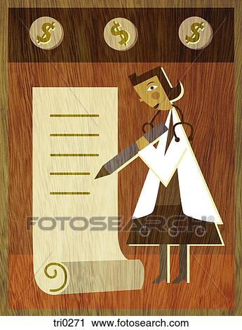 Clip Art - A physician writing a list and coins above her head. Fotosearch
