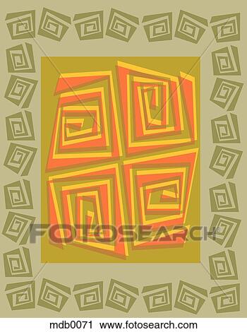 Clip Art - A green and orange geometric wood cut pattern. Fotosearch