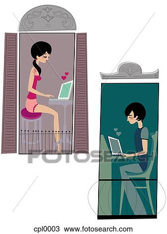 A couple exchanging love letters by e-mail View Large Illustration Drawing - A couple exchanging love letters by e-mail. Fotosearch