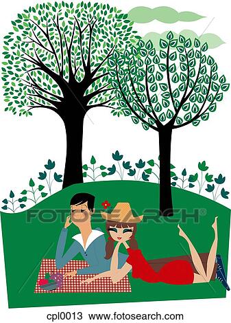 Drawing - A couple having a picnic together in the park. Fotosearch