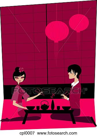 Stock Illustration - A couple having sushi together at a Japanese restaurant. Fotosearch