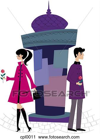 Clip Art - A couple meeting on a blind date, both holding roses. Fotosearch