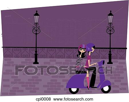 A couple riding a moped together down a street at night View Large Illustration Stock Illustration - A couple riding a moped together down a street at night. Fotosearch
