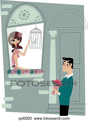 A man bringing roses to a woman sitting at her window with her pet bird View Large Illustration Clipart - A man bringing roses to a woman sitting at her window with her pet bird. Fotosearch