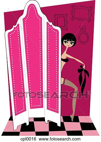 A woman putting on lingerie behind a dressing screen View Large Illustration Stock Illustration - A woman putting on lingerie behind a dressing screen. Fotosearch