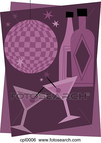 Stock Illustration - Martinis, a disco ball and bottles. Fotosearch
