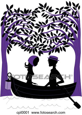Clip Art - Silhouette of a couple rowing a boat under trees. Fotosearch