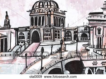 A 橋 上に A 川 そして 建物 中に 古い ヨーロッパの都市 イラスト Ola0009 Fotosearch