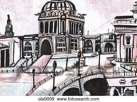 Stock Illustration - A bridge over a river and buildings in old European city. Fotosearch