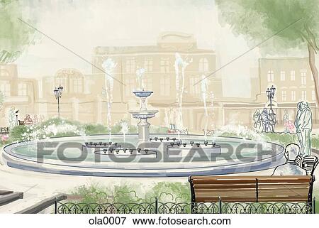 Stock Illustration - A fountain in a park with buildings in the background. Fotosearch