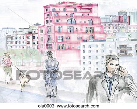 A urban landscape with people in the foreground View Large Illustration Drawing - A urban landscape with people in the foreground. Fotosearch