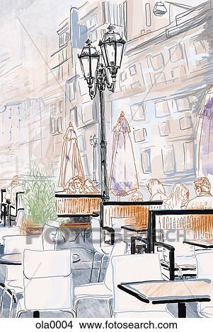 People sitting on the outdoor patio of a restaurant View Large Illustration Stock Illustration - People sitting on the outdoor patio of a restaurant. Fotosearch