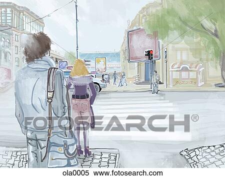 Stock Illustration - People waiting to cross the street in the city. Fotosearch